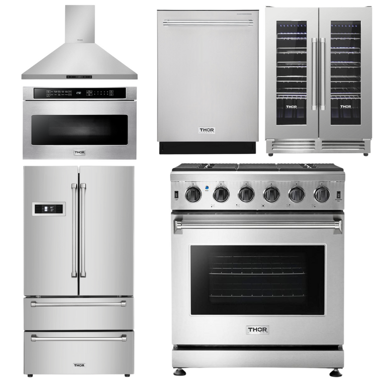 Thor Kitchen Package - 30 in. Natural Gas Range, Range Hood, Microwave Drawer, Refrigerator, Dishwasher & Wine Cooler, AP-LRG3001U-8