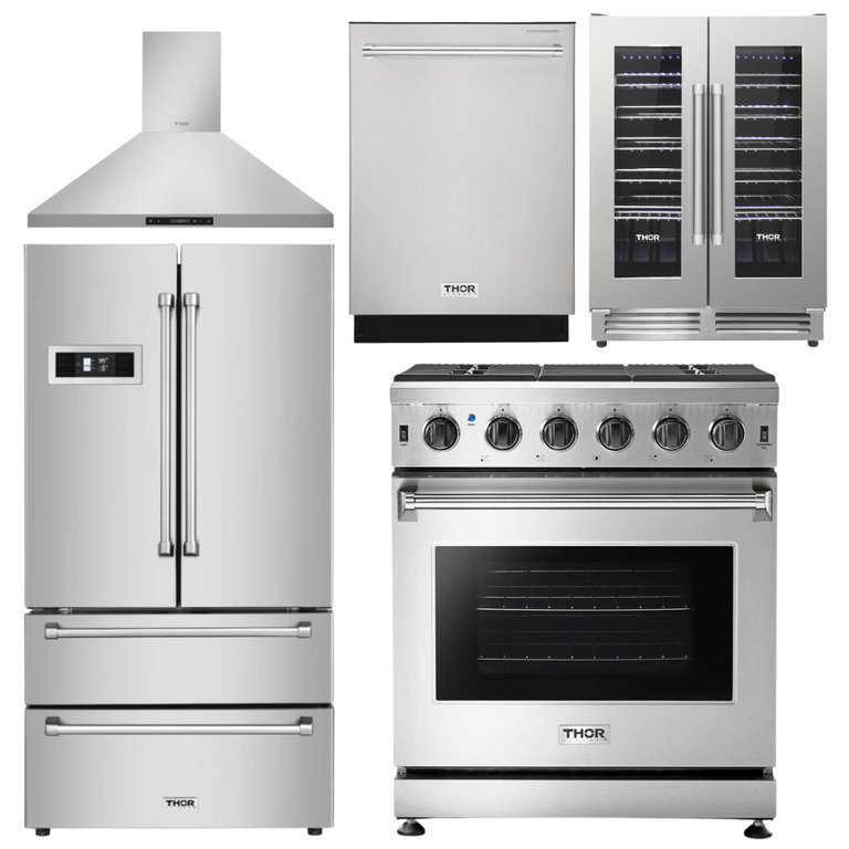 Thor Kitchen Package - 30 in. Natural Gas Range, Range Hood, Refrigerator, Dishwasher & Wine Cooler, AP-LRG3001U-4