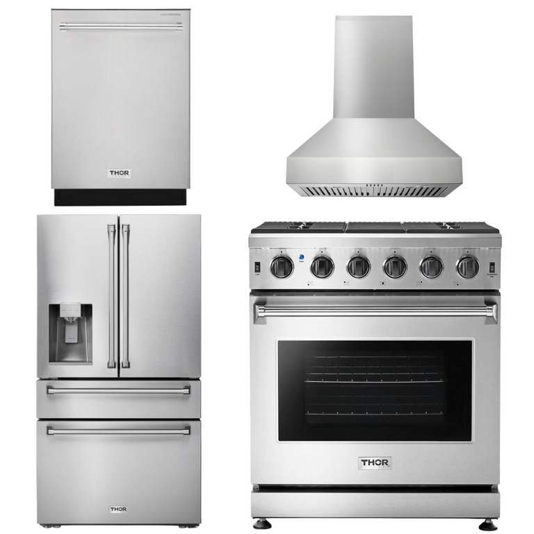 Thor Kitchen Package - 30" Propane Gas Range, Range Hood, Refrigerator with Water and Ice Dispenser, Dishwasher, AP-LRG3001ULP-W-7