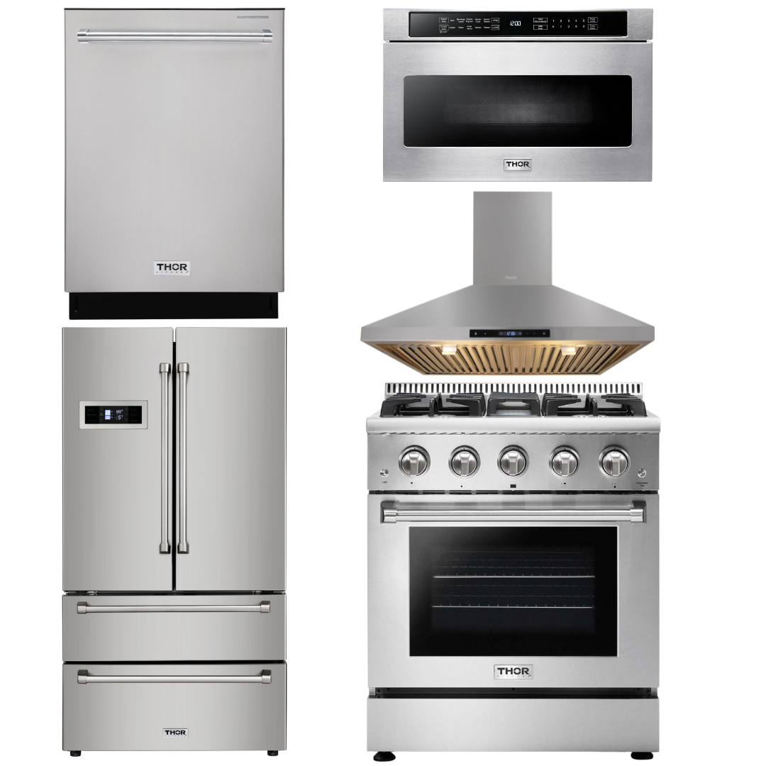 Thor Kitchen Appliance Package - 30 in. Professional Natural Gas Range, Range Hood, Microwave Drawer, Refrigerator, Dishwasher, AP-HRG3080U-7
