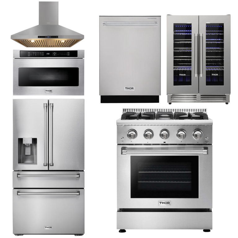 Thor Kitchen Package - 30" Propane Gas Range, Range Hood, Microwave, Refrigerator, Dishwasher, Wine Cooler, AP-HRG3080ULP-14