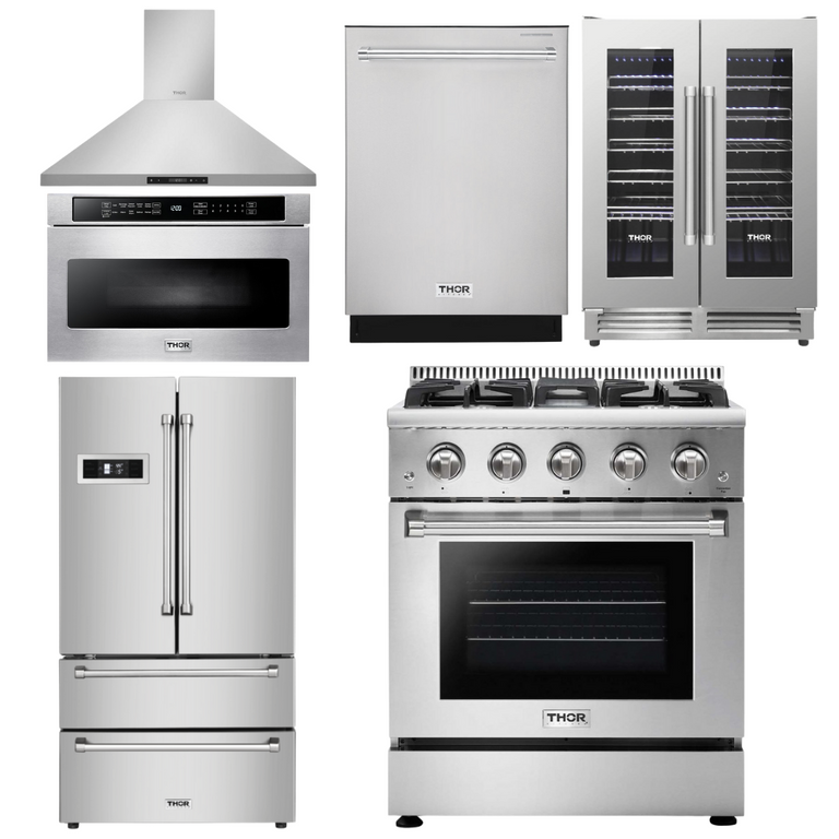 Thor Kitchen Package - 30 in. Professional Propane Gas Range, Range Hood, Microwave Drawer, Refrigerator, Dishwasher & Wine Cooler, AP-HRG3080ULP-8