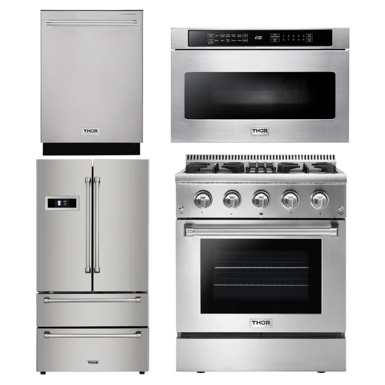 Thor Kitchen Package - 30 in. Propane Gas Burner/Electric Oven Range, Microwave Drawer, Refrigerator, Dishwasher, AP-HRD3088ULP-6