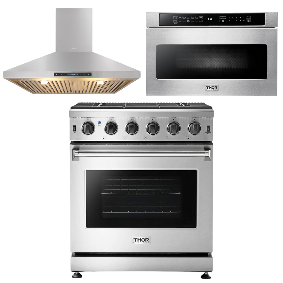 Thor Kitchen Package - 30 in. Propane Gas Range, Range Hood, Microwave Drawer, AP-LRG3001ULP-5
