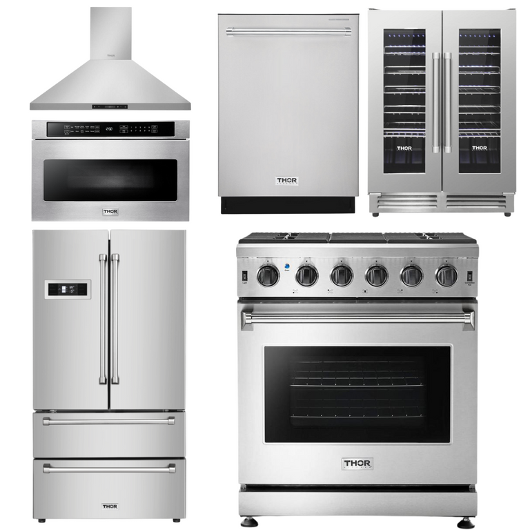 Thor Kitchen Package - 30 in. Propane Gas Range, Range Hood, Microwave Drawer, Refrigerator, Dishwasher, Wine Cooler, AP-LRG3001ULP-8