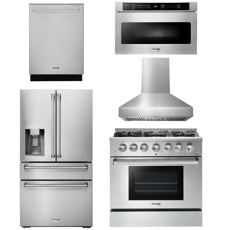 Thor Kitchen Package - 36" Propane Gas Range, Range Hood, Microwave, Refrigerator with Water and Ice Dispenser, Dishwasher, AP-HRG3618ULP-W-9