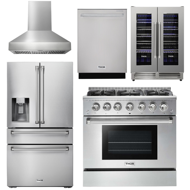Thor Kitchen Package - 36" Gas Range, Range Hood, Refrigerator with Water and Ice Dispenser, Dishwasher, Wine Cooler, AP-HRG3618U-W-8