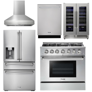 THOR Kitchen Package - 36" Gas Range, Range Hood, Refrigerator with Water and Ice Dispenser, Dishwasher, Wine Cooler, AP-HRG3618U-W-8