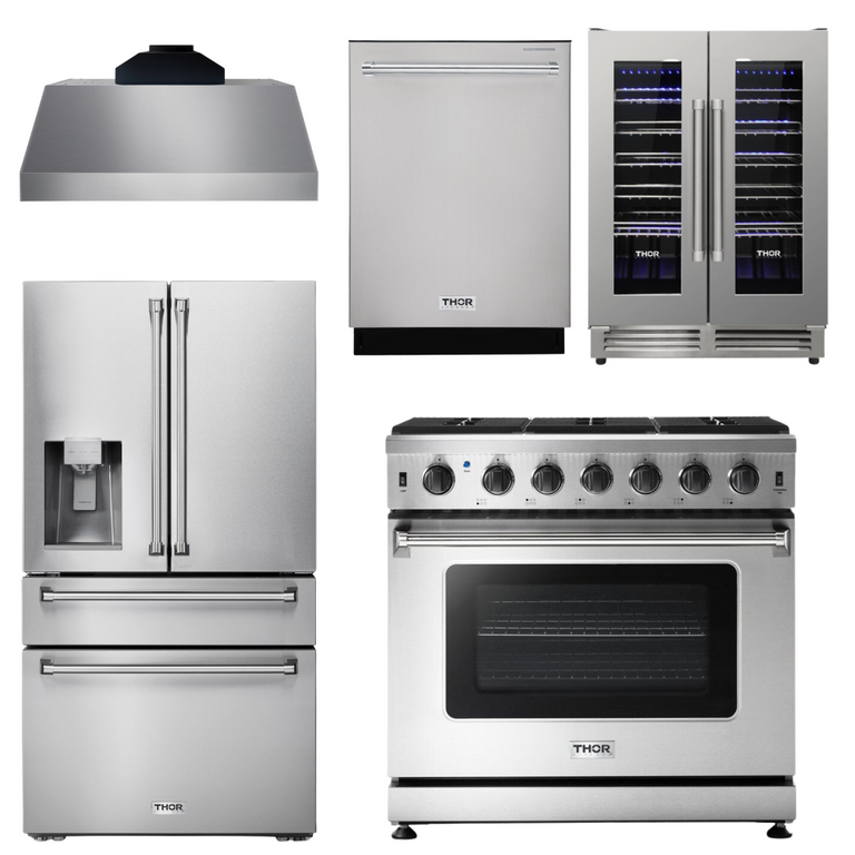 Thor Kitchen Appliance Package - 36 In. Propane Gas Range, Range Hood, Refrigerator with Water and Ice Dispenser, Dishwasher, Wine Cooler, AP-LRG3601ULP-C-8
