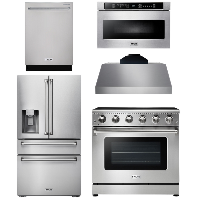 Thor Kitchen Package - 36" Electric Range, Range Hood, Microwave, Refrigerator with Water and Ice Dispenser, Dishwasher, AP-HRE3601-C-9