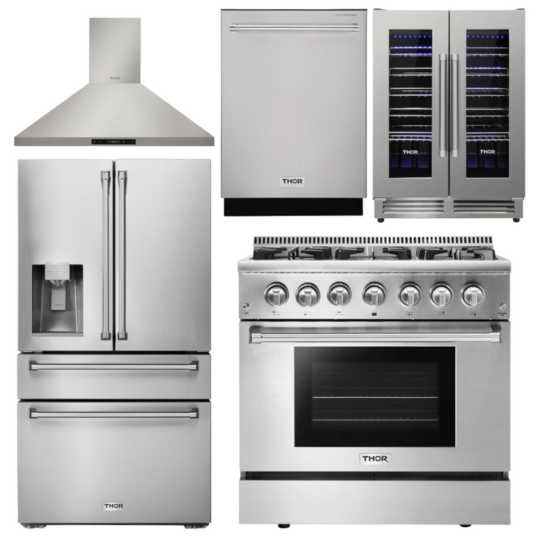 Thor Kitchen Package - 36" Propane Dual Fuel Range, Range Hood, Refrigerator with Water and Ice Dispenser, Dishwasher, Wine Cooler, AP-HRD3606ULP-11