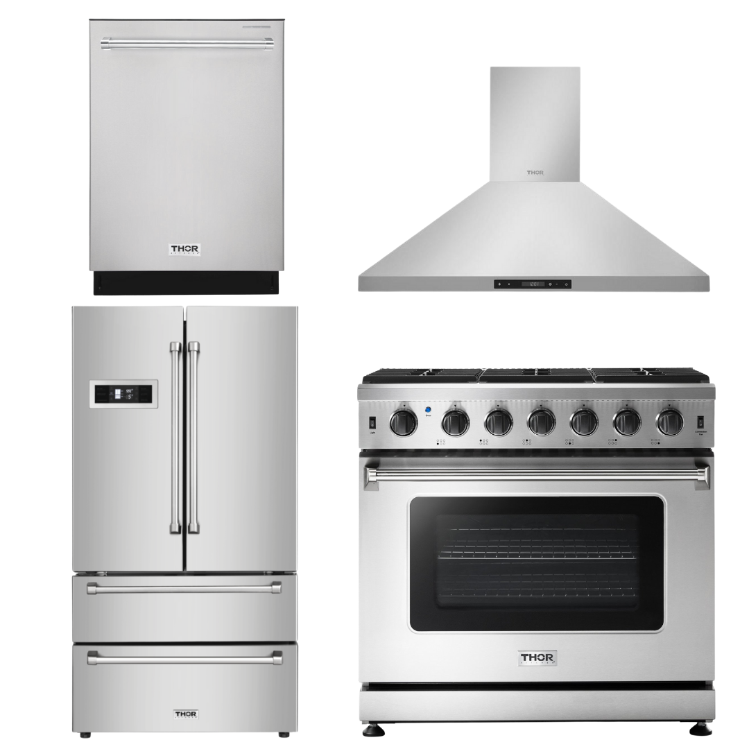 Thor Kitchen Package - 36" Gas Range, Range Hood, Refrigerator, Dishwasher, AP-LRG3601U-3
