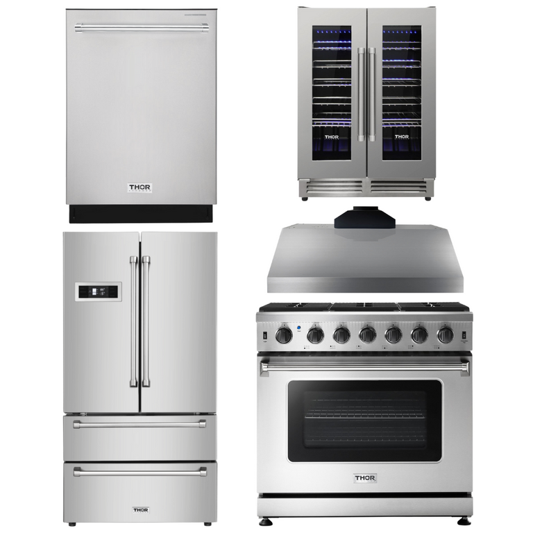 Thor Kitchen Package - 36 in. Gas Range, Range Hood, Refrigerator, Dishwasher, Wine Cooler, AP-LRG3601U-11