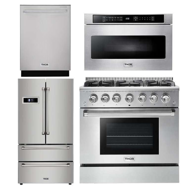 Thor Kitchen Package - 36 in. Natural Gas Range, Microwave Drawer, Refrigerator, Dishwasher, AP-HRG3618U-6