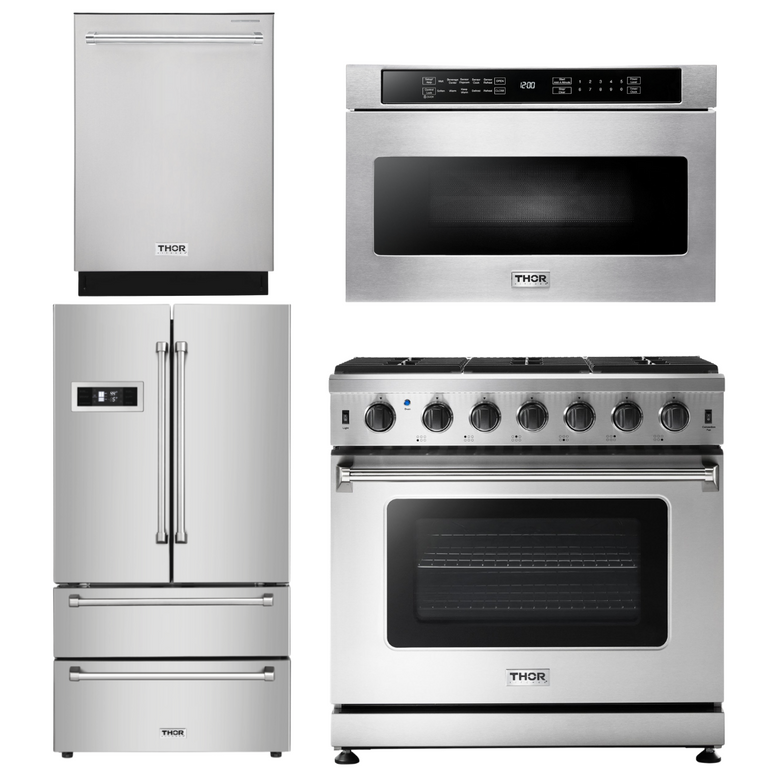 Thor Kitchen Package - 36 in. Natural Gas Range, Microwave Drawer, Refrigerator, Dishwasher, AP-LRG3601U-6