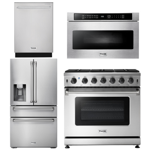 THOR Kitchen Package - 36" Gas Range, Microwave, Refrigerator with Water and Ice Dispenser, Dishwasher, AP-LRG3601U-12