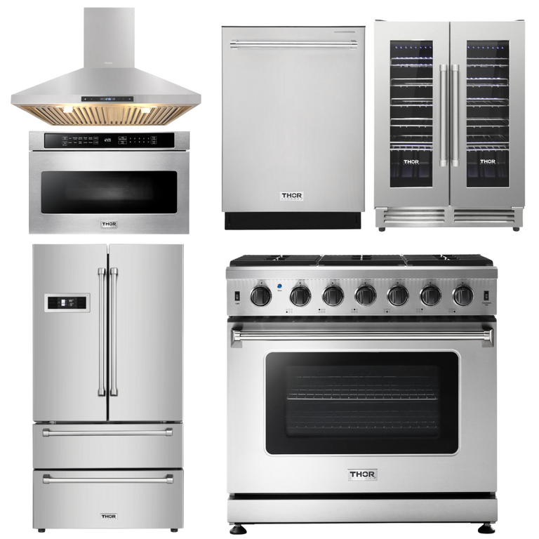 Thor Kitchen Package - 36 in. Natural Gas Range, Range Hood, Microwave Drawer, Refrigerator, Dishwasher, Wine Cooler, AP-LRG3601U-8