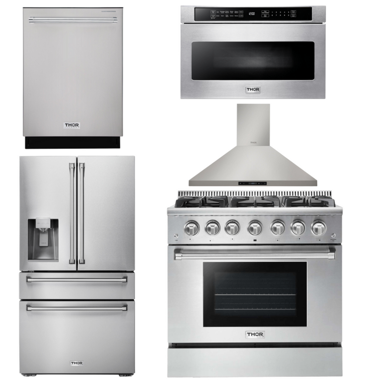 Thor Kitchen Package - 36" Gas Range, Range Hood, Microwave, Refrigerator with Water and Ice Dispenser, Dishwasher, AP-HRG3618U-13