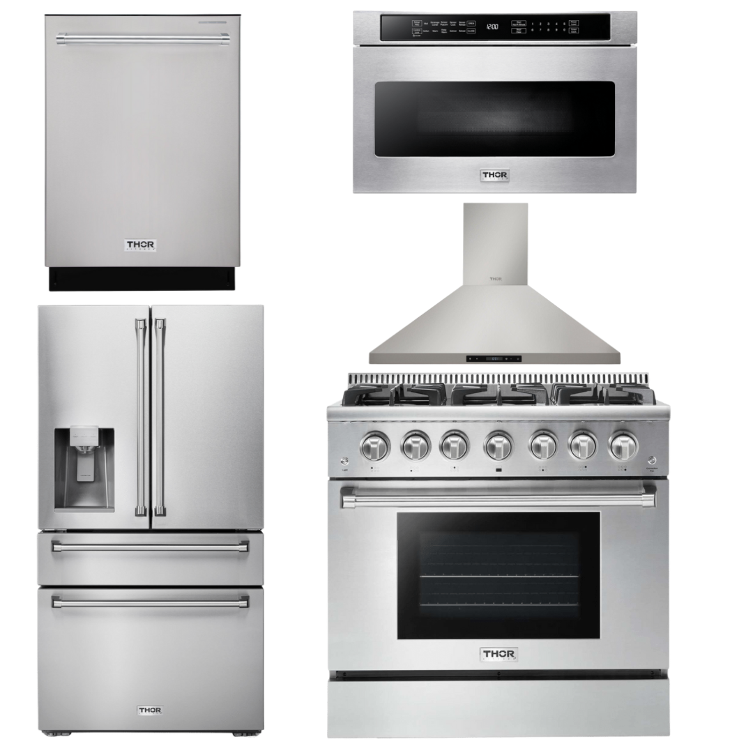 Thor Kitchen Package 36" Gas Range, Range Hood, Microwave, Refrigera