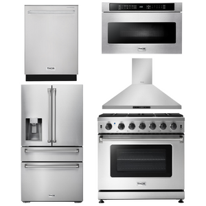 THOR Kitchen Package - 36" Gas Range, Range Hood, Microwave, Refrigerator with Water and Ice Dispenser, Dishwasher, AP-LRG3601U-13