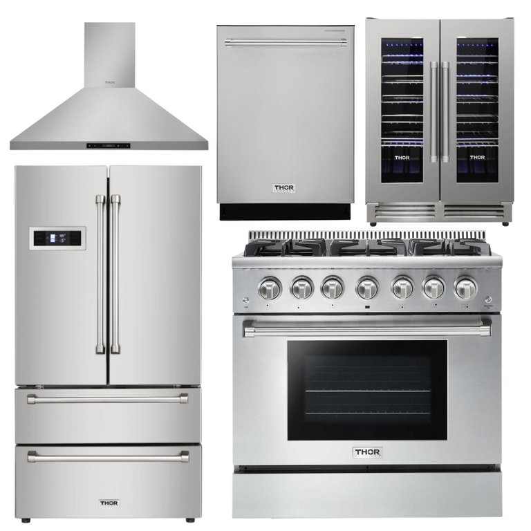 Thor Kitchen Package - 36 in. Natural Gas Range, Range Hood, Refrigerator, Dishwasher & Wine Cooler, AP-HRG3618U-4