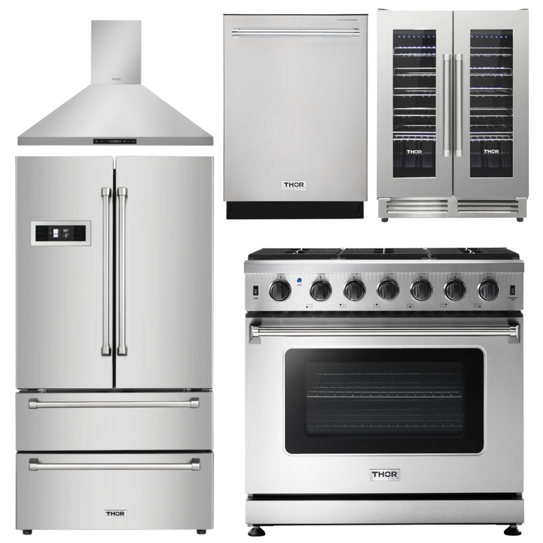 Thor Kitchen Package - 36 in. Natural Gas Range, Range Hood, Refrigerator, Dishwasher & Wine Cooler, AP-LRG3601U-4