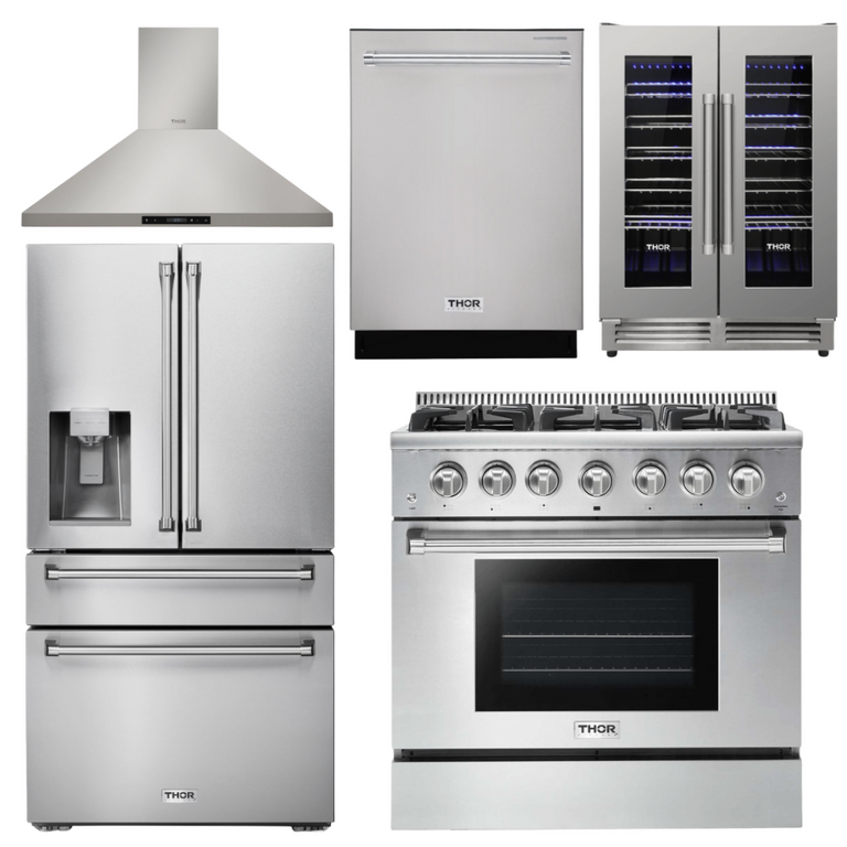 Thor Kitchen Package - 36" Propane Gas Range, Range Hood, Refrigerator with Water and Ice Dispenser, Dishwasher, Wine Cooler, AP-HRG3618ULP-11