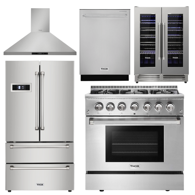 Thor Kitchen Package - 36 in. Propane Gas Burner/Electric Oven Range, Range Hood, Refrigerator, Dishwasher & Wine Cooler, AP-HRD3606ULP-4