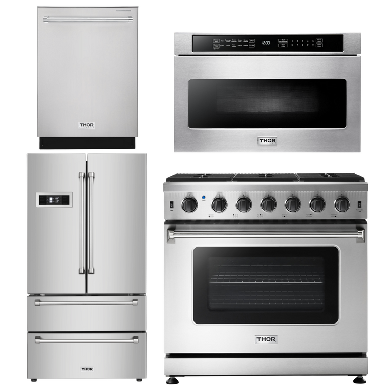 Thor Kitchen Package - 36 in. Propane Gas Range, Microwave Drawer, Refrigerator, Dishwasher, AP-LRG3601ULP-6