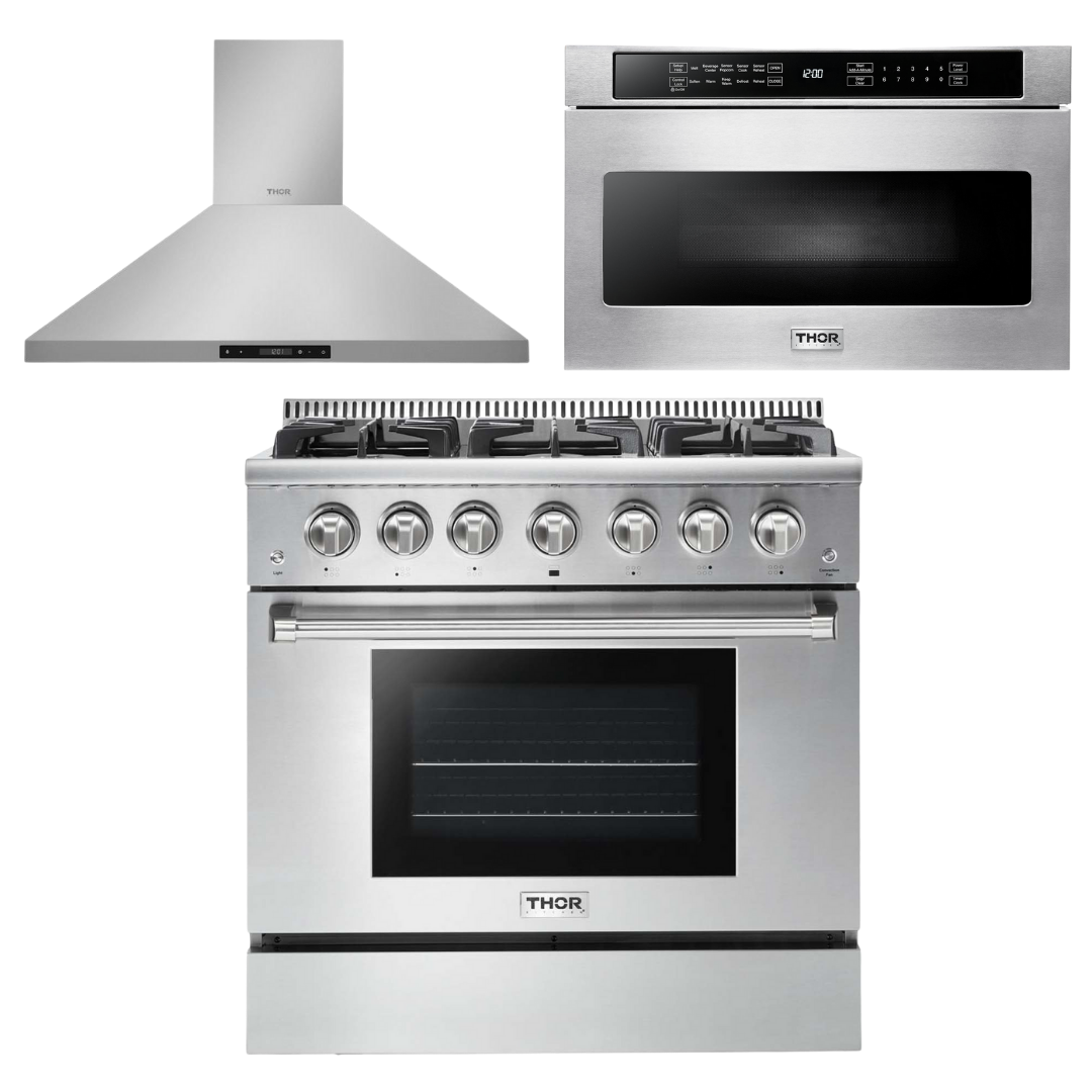 Thor Kitchen Package - 36 in. Propane Gas Range, Range Hood, Microwave Drawer, AP-HRG3618ULP-5