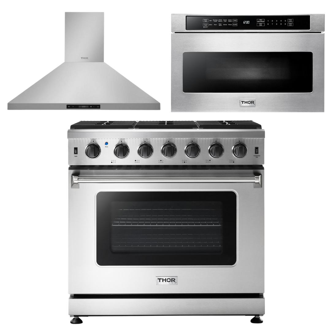 Thor Kitchen Package - 36 in. Propane Gas Range, Range Hood, Microwave Drawer, AP-LRG3601ULP-5