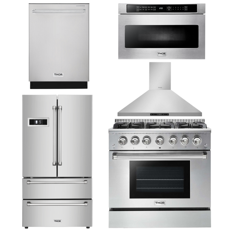 Thor Kitchen Package - 36 in. Propane Gas Range, Range Hood, Microwave Drawer, Refrigerator, Dishwasher, AP-HRG3618ULP-7