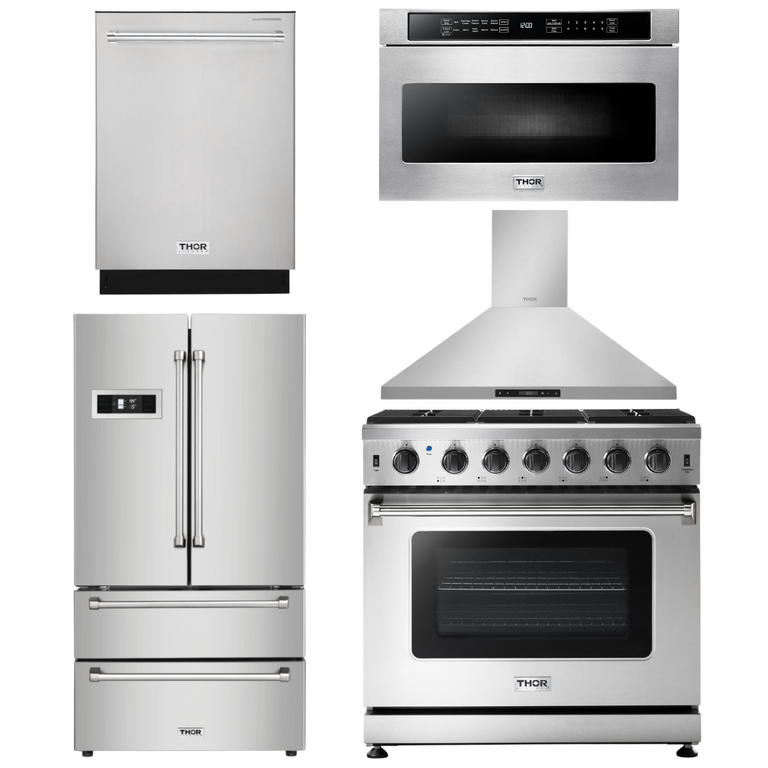 Thor Kitchen Package - 36 in. Propane Gas Range, Range Hood, Microwave Drawer, Refrigerator, Dishwasher, AP-LRG3601ULP-7