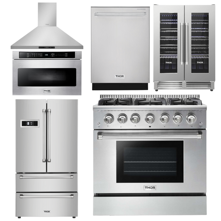 Thor Kitchen Package - 36 in. Propane Gas Range, Range Hood, Microwave Drawer, Refrigerator, Dishwasher, Wine Cooler, AP-HRG3618ULP-8