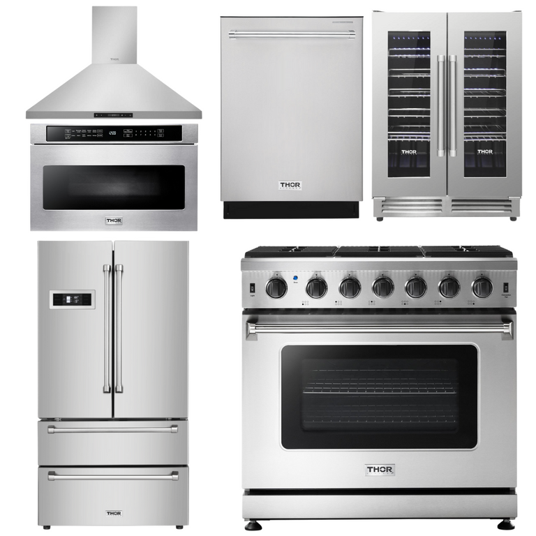 Thor Kitchen Package - 36 in. Propane Gas Range, Range Hood, Microwave Drawer, Refrigerator, Dishwasher, Wine Cooler, AP-LRG3601ULP-8