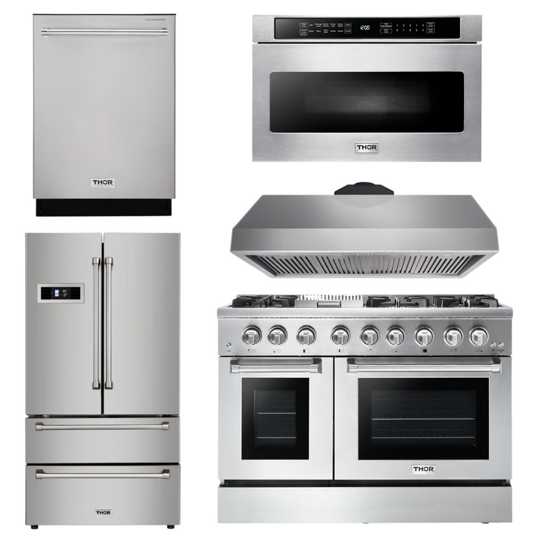 Thor Kitchen Package - 48 In. Propane Gas Burner/Electric Oven Range, Range Hood, Refrigerator, Dishwasher, Microwave Drawer, AP-HRD4803ULP-7