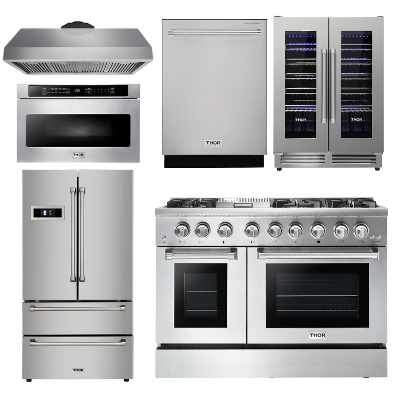 Thor Kitchen Package - 48 In. Propane Gas Burner/Electric Oven Range, Range Hood, Refrigerator, Dishwasher, Microwave Drawer, Wine Cooler, AP-HRD4803ULP-8