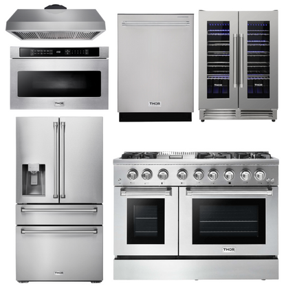 THOR Kitchen Package - 48" Dual Fuel Range, Range Hood, Refrigerator with Water and Ice Dispenser, Dishwasher, Microwave, Wine Cooler, AP-HRD4803U-14