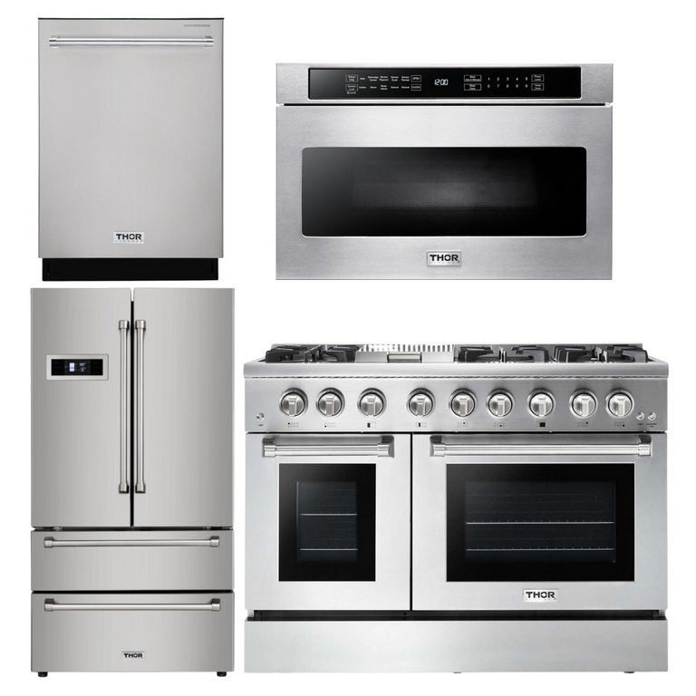 Thor Kitchen Package - 48 in. Gas Burner/Electric Oven Range, Refrigerator, Dishwasher, Microwave Drawer, AP-HRD4803U-6