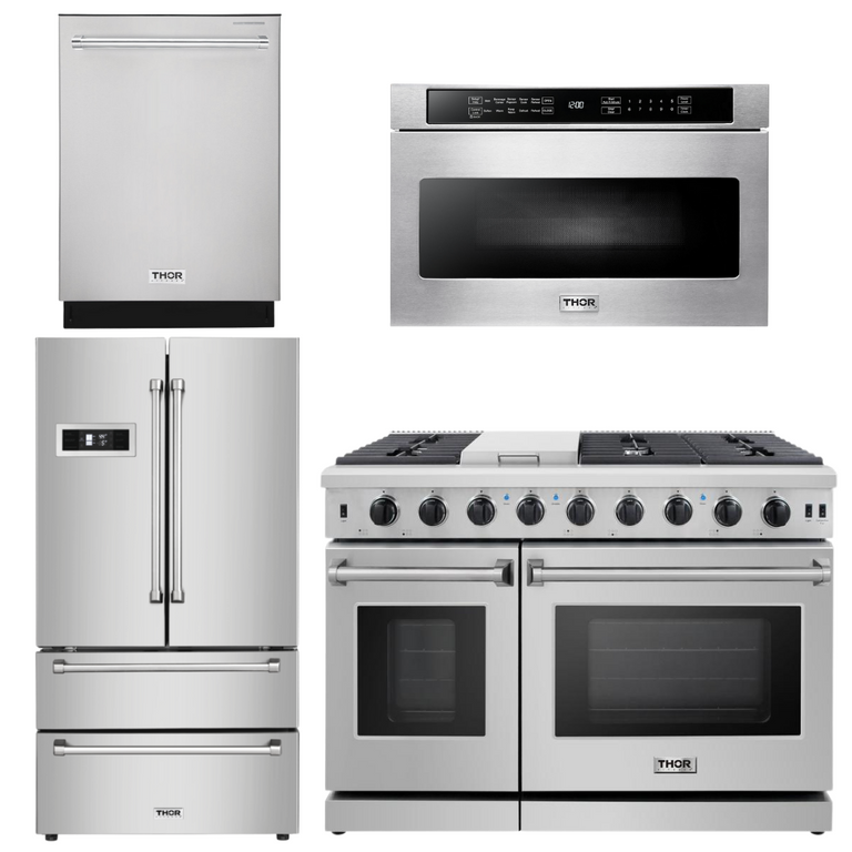 Thor Kitchen Package - 48 in. Gas Range, Dishwasher, Refrigerator, Microwave Drawer, AP-LRG4807U-6