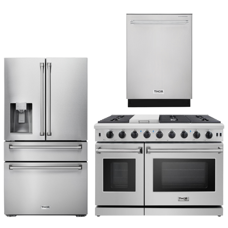 Thor Kitchen Package - 48" Gas Range, Dishwasher, Refrigerator with Water and Ice Dispenser, AP-LRG4807U-9
