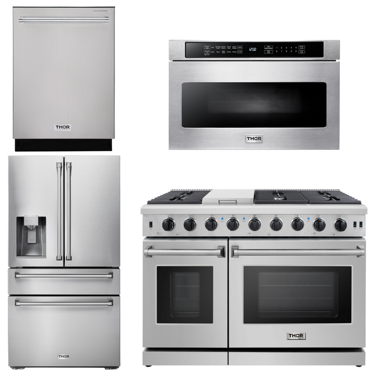 Thor Kitchen Package - 48" Propane Gas Range, Dishwasher, Refrigerator with Water and Ice Dispenser, Microwave, AP-LRG4807ULP-12