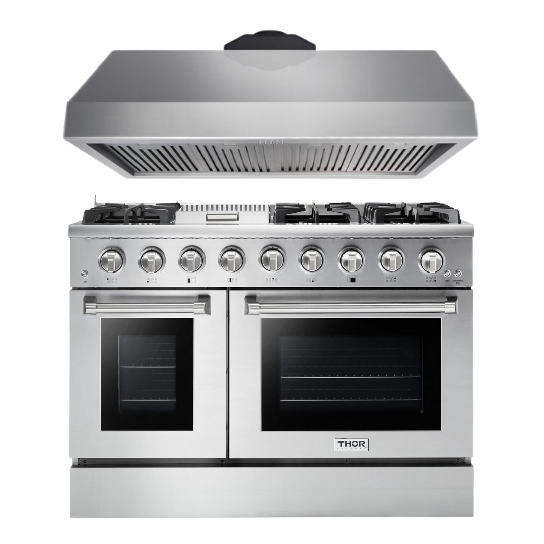 Thor Kitchen Package - 48 in. Gas Range & Range Hood - Stainless Steel Knobs, AP-HRG4808U