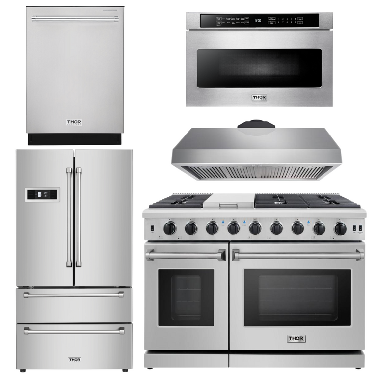 Thor Kitchen Package - 48 in. Gas Range, Range Hood, Dishwasher, Refrigerator, Microwave Drawer, AP-LRG4807U-7