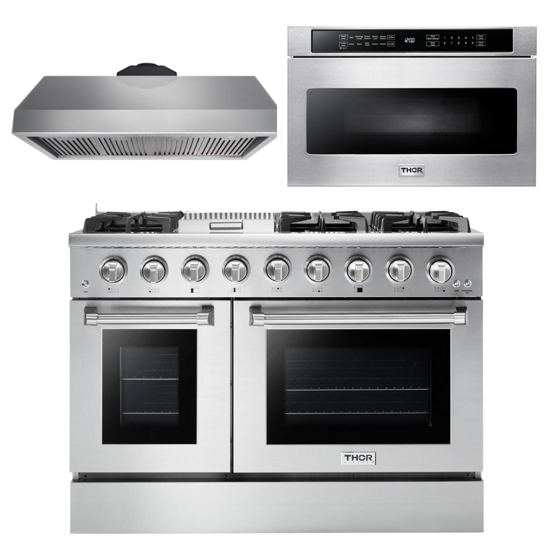 Thor Kitchen Package - 48 in. Gas Range, Range Hood, Microwave Drawer - Stainless Steel Knobs, AP-HRG4808U-5