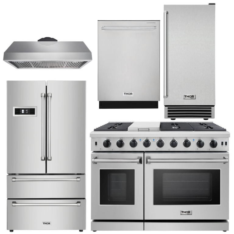 Thor Kitchen Package - 48 in. Gas Range, Range Hood, Refrigerator, Dishwasher, Ice Maker, AP-LRG4807U-9