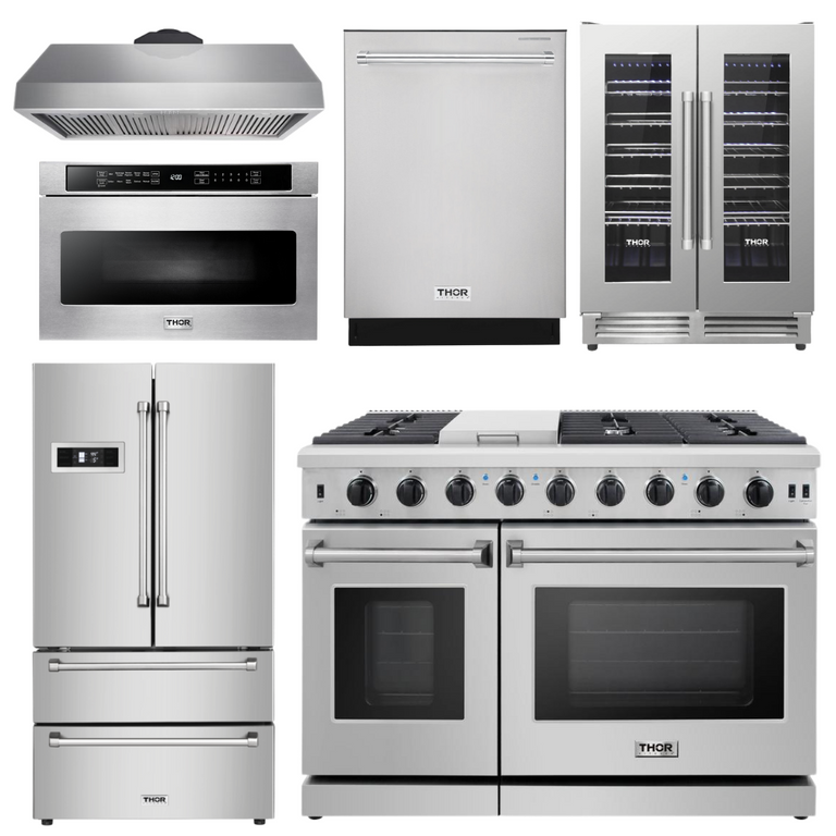 Thor Kitchen Package - 48 in. Gas Range, Range Hood, Refrigerator, Dishwasher, Wine Cooler, Microwave, AP-LRG4807U-8