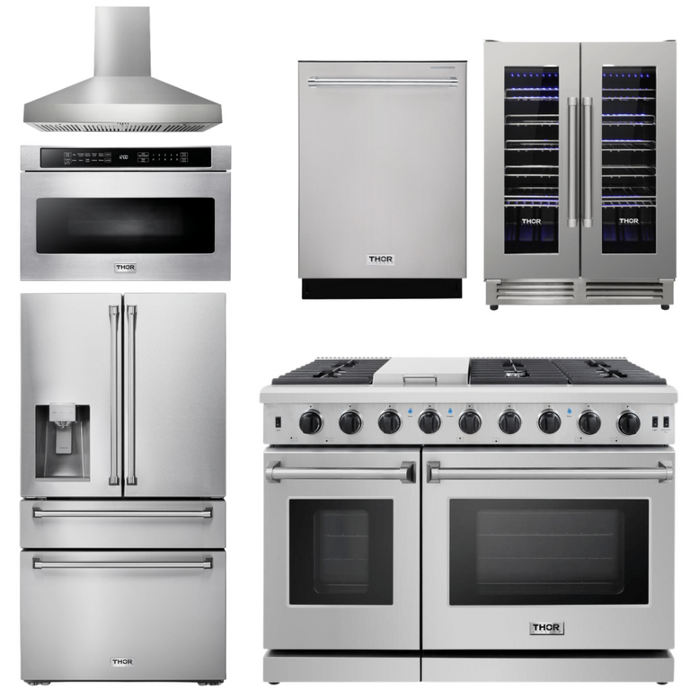 Thor Kitchen Set - 48" Gas Range, Range Hood, Refrigerator, Dishwasher, Wine Cooler, Microwave, AS-LRG4807U-W-10