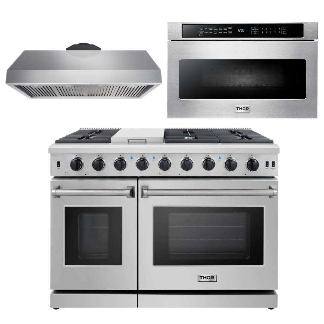 Thor Kitchen Package - 48 in. Gas Range, Range Hood and Microwave Drawer, AP-LRG4807U-5