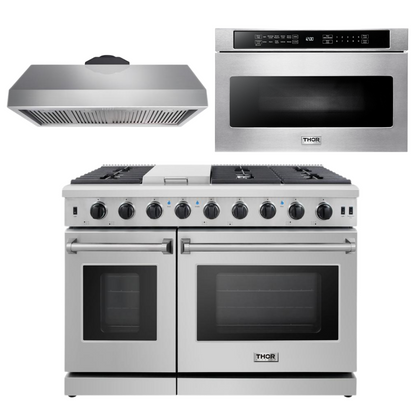 Thor Kitchen Package - 48 in. Gas Range, Range Hood and Microwave Drawer, AP-LRG4807U-5